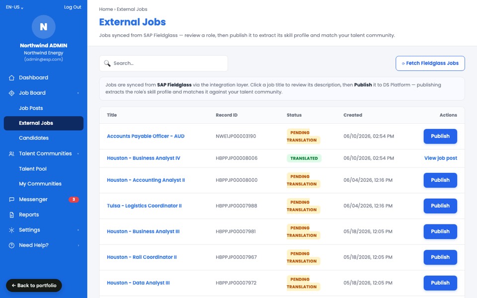 Recruiter admin prototype: external jobs synced from the VMS, ready to publish