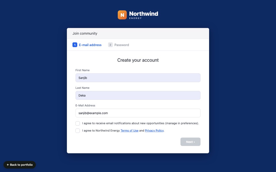 Talent onboarding prototype: join-community form for a fictional energy company